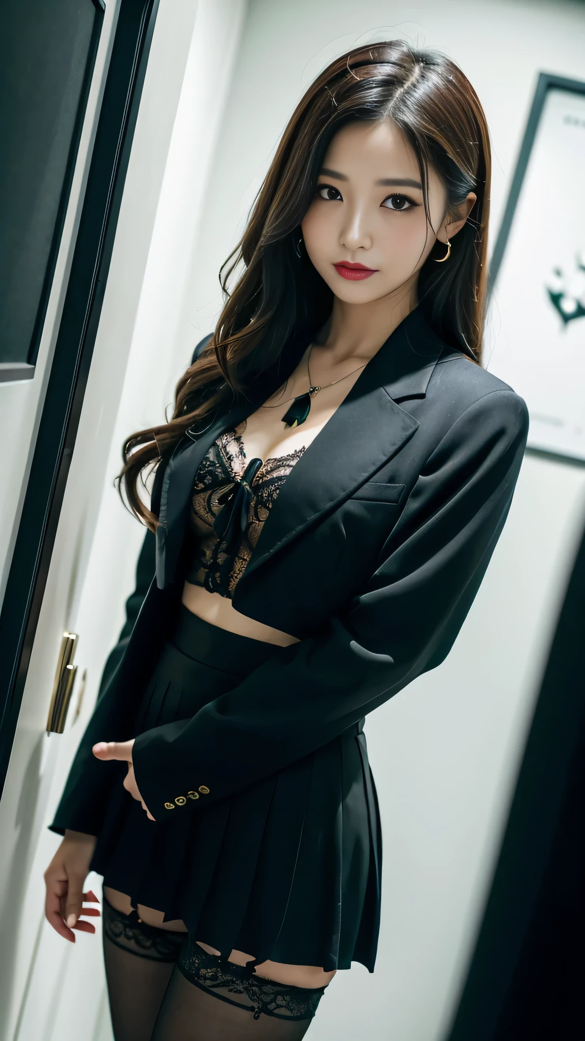 Super detailed、Japanese、charming beauty、Dainty woman、sharp eyes、cool girl、wavy hair、suit、Jacket、blouse、Tight Skirt、black pantyhose、evil female executive、evil depravity、brainwashing、Mind control、lacy fabric、Shiny legs、lipstick、have lip gloss、grin、邪evilなな表情、evil、empty eyes、邪evilな、reach out your hand、in the darkroom、lure、meanwhile