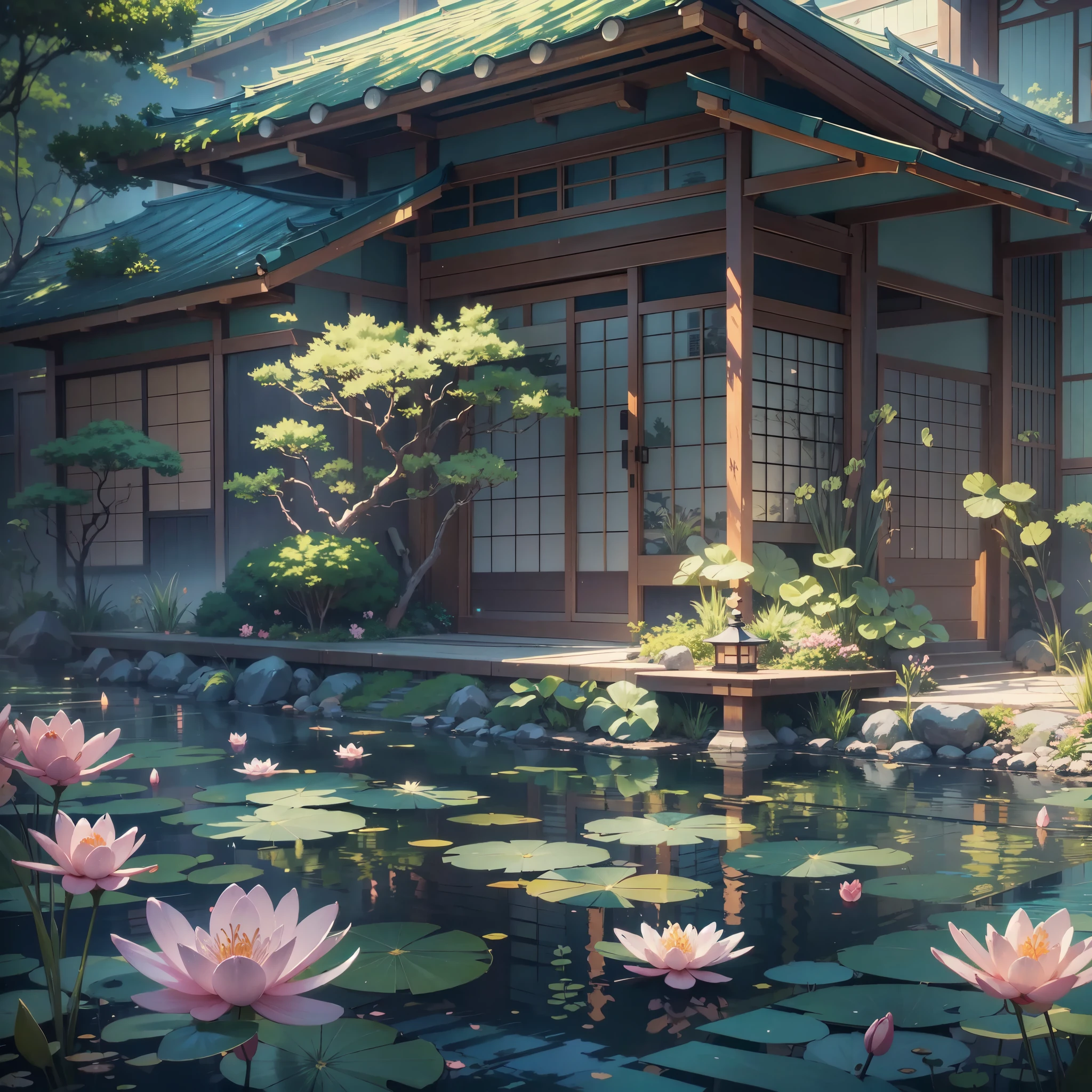 there is a pond with water lillies in the courtyard of a japanese house, beautiful anime scene, ross tran. scenic background, relaxing concept art, anime background art, beautiful anime scenery, anime beautiful peace scene, 8k high quality detailed art, makoto sinkai, rossdraws global illumination, andreas rocha style, atey ghailan 8 k, beautiful digital painting, Conceptual art, anime, anime style, ray tracing, cinematic lighting, UHD, highres, masterpiece, anime background, anime wallpaper, anime, anime style, lofi, lofi style, modern japanese architecture, no one in sight, (no one: 1), best quality, compact