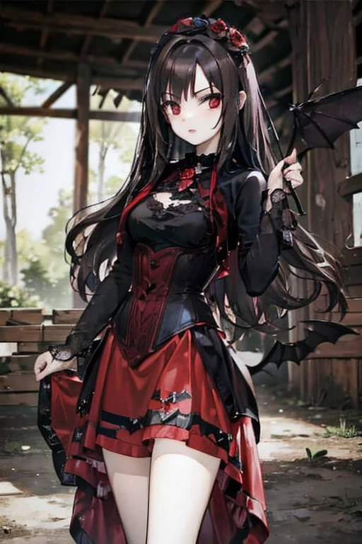 A brown haired vampire with red eyes wearing a gothic dress is holding a bat in a cozy cabin
