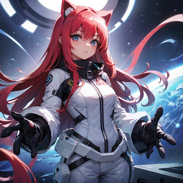 Gamer playing with VR headset、one girl、futuristic  space suit、