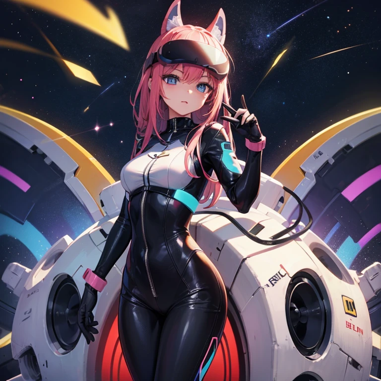 Gamer playing with VR headset、one girl、futuristic bodysuit space suit、