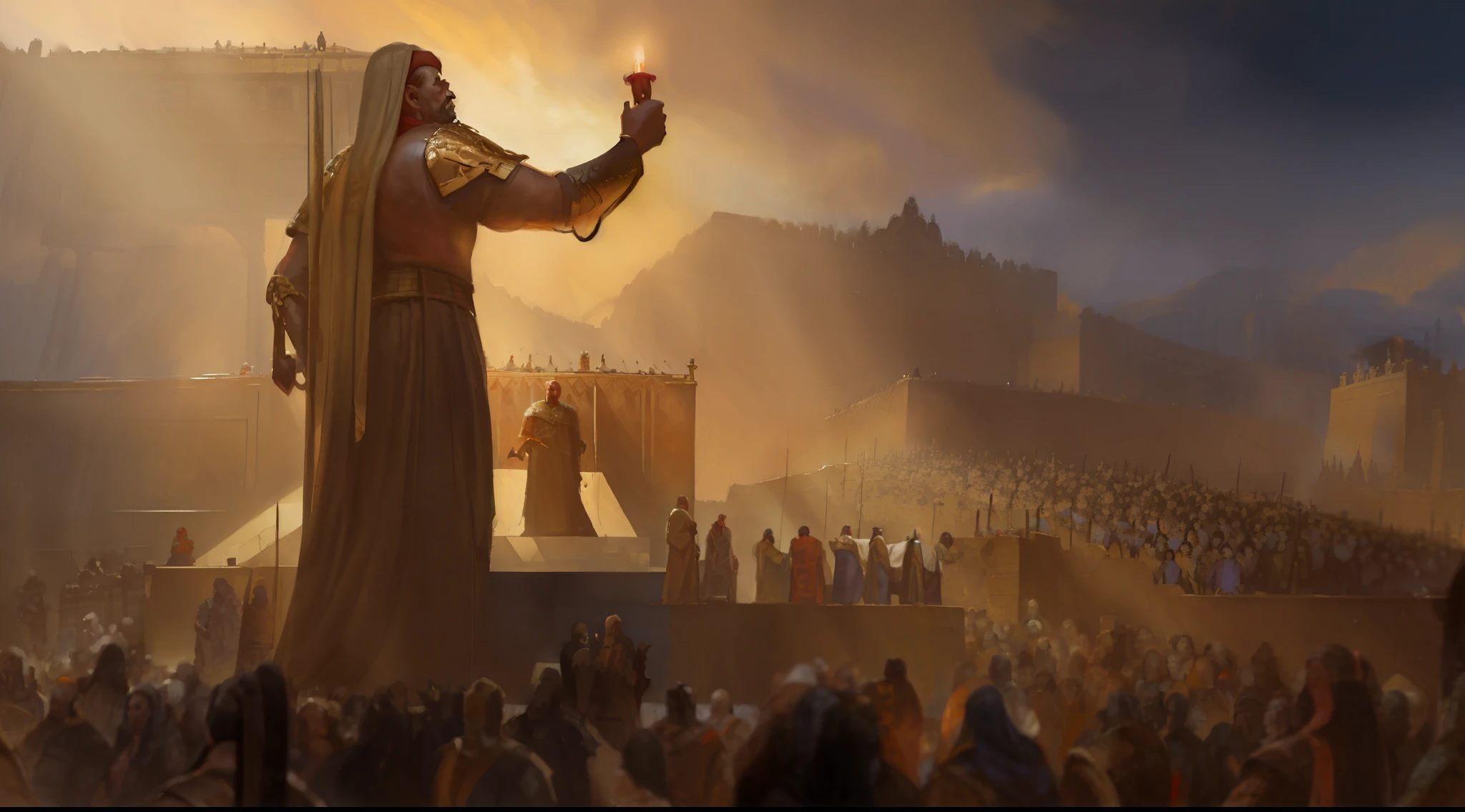 arafed image of a man holding a candle in front of a crowd, the god emperor of mankind, epic biblical depiction, biblical epic movie, concept art of god, art style of marc simonetti, tolkien and michael komarck, lord of the rings concept art, dramatic concept art, marc _ simonetti, 8k matte painting