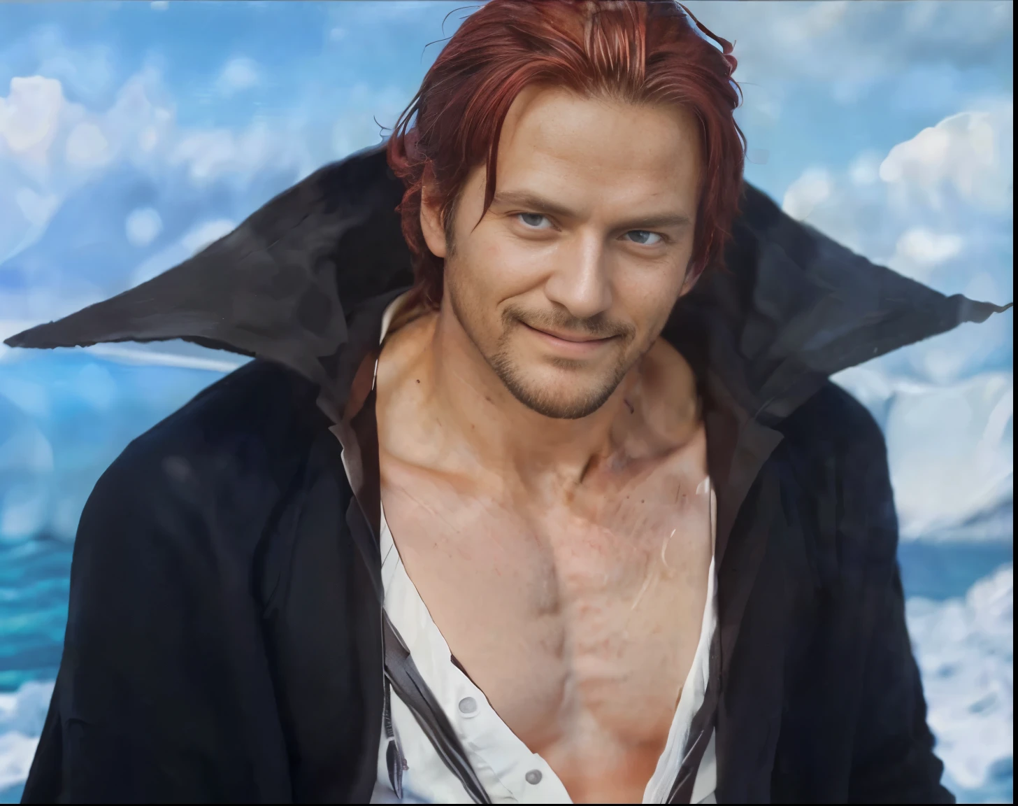 (masterpiece), (realistic), (ultra detailed), ( high reest quality), (photorealistic), (perfect face), (perfect anatomy), man, male, solo, ameican, 30 years old, ((muscular)), shanks from one piece, shanks, red hair, has a thin black beard, has a thin black mustache, wears white clothes, wears a black robe, the character is reading a newspaper, (((The character's eyes look downwards))), The character's face has a serious expression, his mouth is smiling, character standing on an icy lake