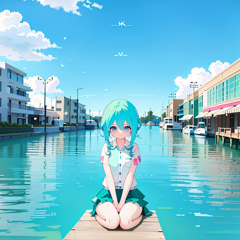 Blue haired anime girl sitting on the waterfront dock, teal hair anime girl, Mikudayo, anime moe art style, anime style 4k, high quality anime art style, Wallpaper Anime Blue Water, anime art style, portrait of hatsune Miku, Miku, beautiful anime art style, official artwork, beautiful blue haired girl, beautiful anime girl, HD artwork