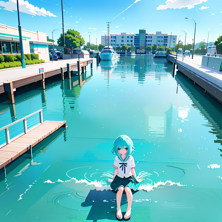 Blue haired anime girl sitting on the waterfront dock, teal hair anime girl, Mikudayo, anime moe art style, anime style 4k, high quality anime art style, Wallpaper Anime Blue Water, anime art style, portrait of hatsune Miku, Miku, beautiful anime art style, official artwork, beautiful blue haired girl, beautiful anime girl, HD artwork