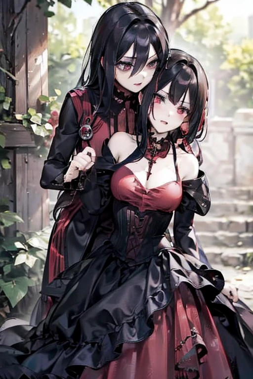 A brown haired vampire with red eyes wearing a gothic dress is hugging a pink haired woman with violet eyes with an hourglass figure in nice gowns
