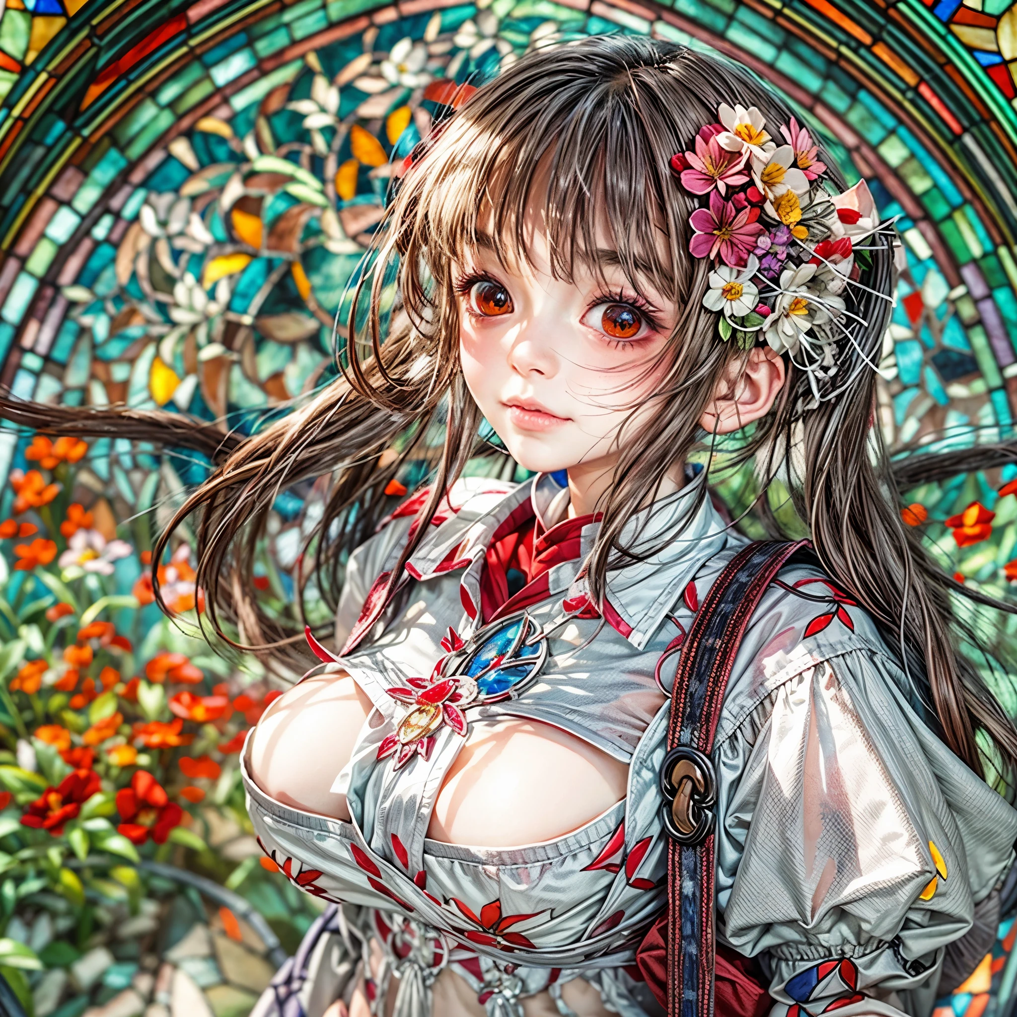 NSFW:-0.8. White and Red, (A Dazzling multi-colored light pours down:1.2), (physically-based rendering with ultra-detailed, (masutepiece:1.2) of professional photograpy, ( realistic and (photorealistic:1.37) with touch of rawness), Acutance:0.8) . (A group of KAWAII girls in school uniform) with opened Overflowing Gigantic Cleavage without bra . (((extremely detailed KAWAII face variations)) with joyful expressions), { Navel | pretty Ass | (Overflowing underboob) | White panties with (blood seeping only in crotch area) | (full of Flowers covering girl's body) | ((Dazzling colorful stained glass with stunning elaborate details:1.2)) | A Dazzling Halo (Floating) } . (Exposed:0.95), (((nipple:-0.9))), (not Detailed fingers:-0.9) .