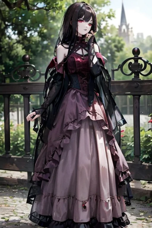 A brown haired vampire with red eyes wearing a gothic dress is walking with  a pink haired woman with violet eyes with an hourglass figure in nice gowns
