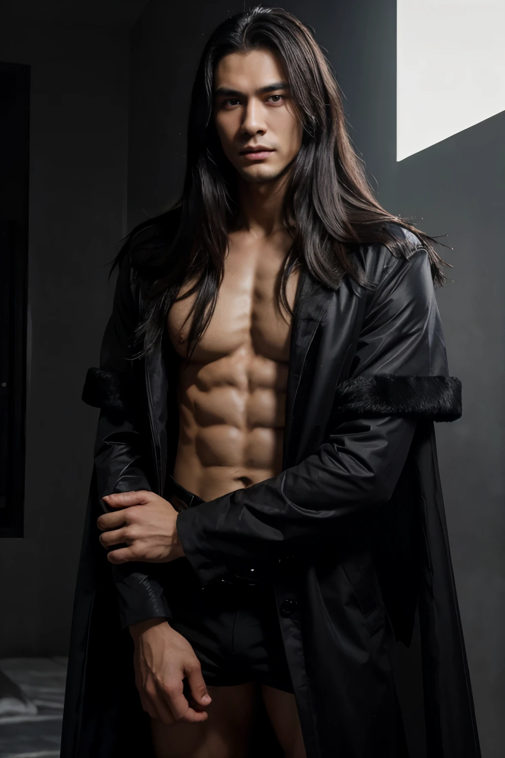 Masterpiece,Best quality,A high resolution,Gufeng Boy,Upper body,Abs, chest muscle,Open the tulle coat, long black hair, handsome, beautiful eye