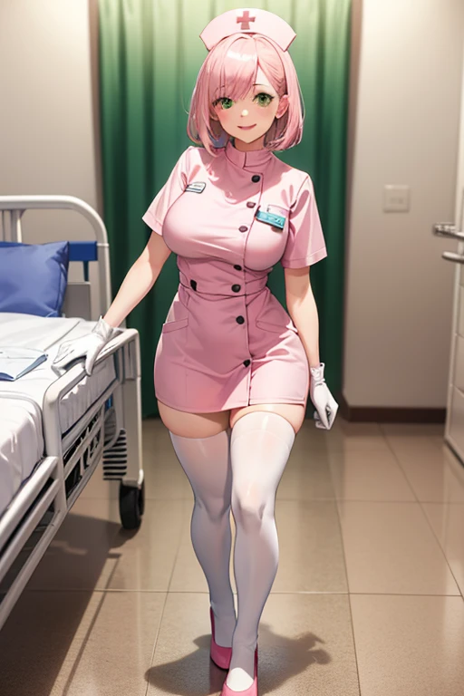 1woman, solo, nurse, white nurse cap, white nurse uniform, ((white legwear, zettai ryouiki)), white gloves, pink hair, green eyes, drooping eyes, pink lips, smile, standing, ((hospital room)), sharp outline, short sleeves, mature female, 32 years old, best quality, masterpiece