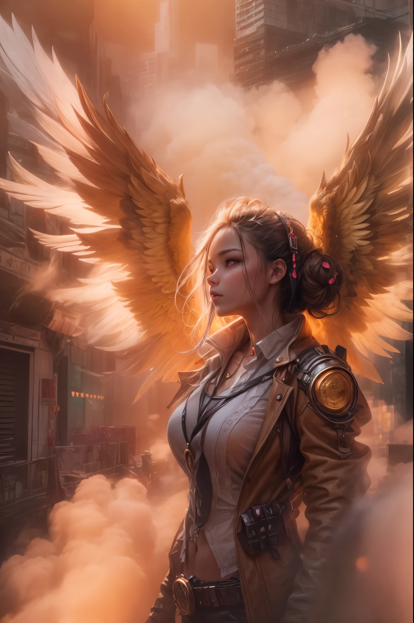 A photograph captures a fleeting moment where a girl embodies the essence of both an angel and a cyberpunk-steampunk muse. Amidst swirling smoke, use the ((golden hour)) to infuse the scene with warmth, highlighting the ((emotional)) juxtaposition of ethereal wings and futuristic elements.