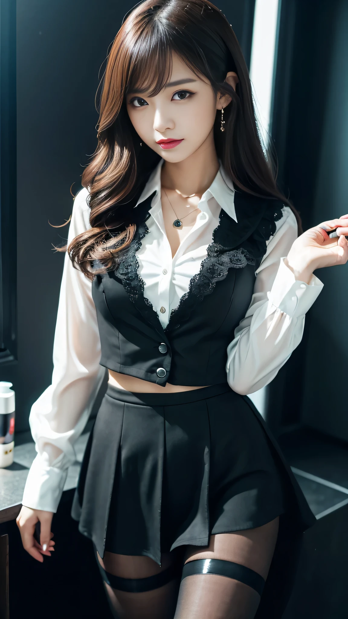 Super detailed、Japanese、charming beauty、Dainty woman、sharp eyes、cool girl、wavy hair、suit、Jacket、blouse、Tight Skirt、black pantyhose、evil female executive、evil depravity、brainwashing、Mind control、lacy fabric、Shiny legs、lipstick、have lip gloss、grin、邪evilなな表情、evil、empty eyes、邪evilな、reach out your hand、in the darkroom、lure、meanwhile