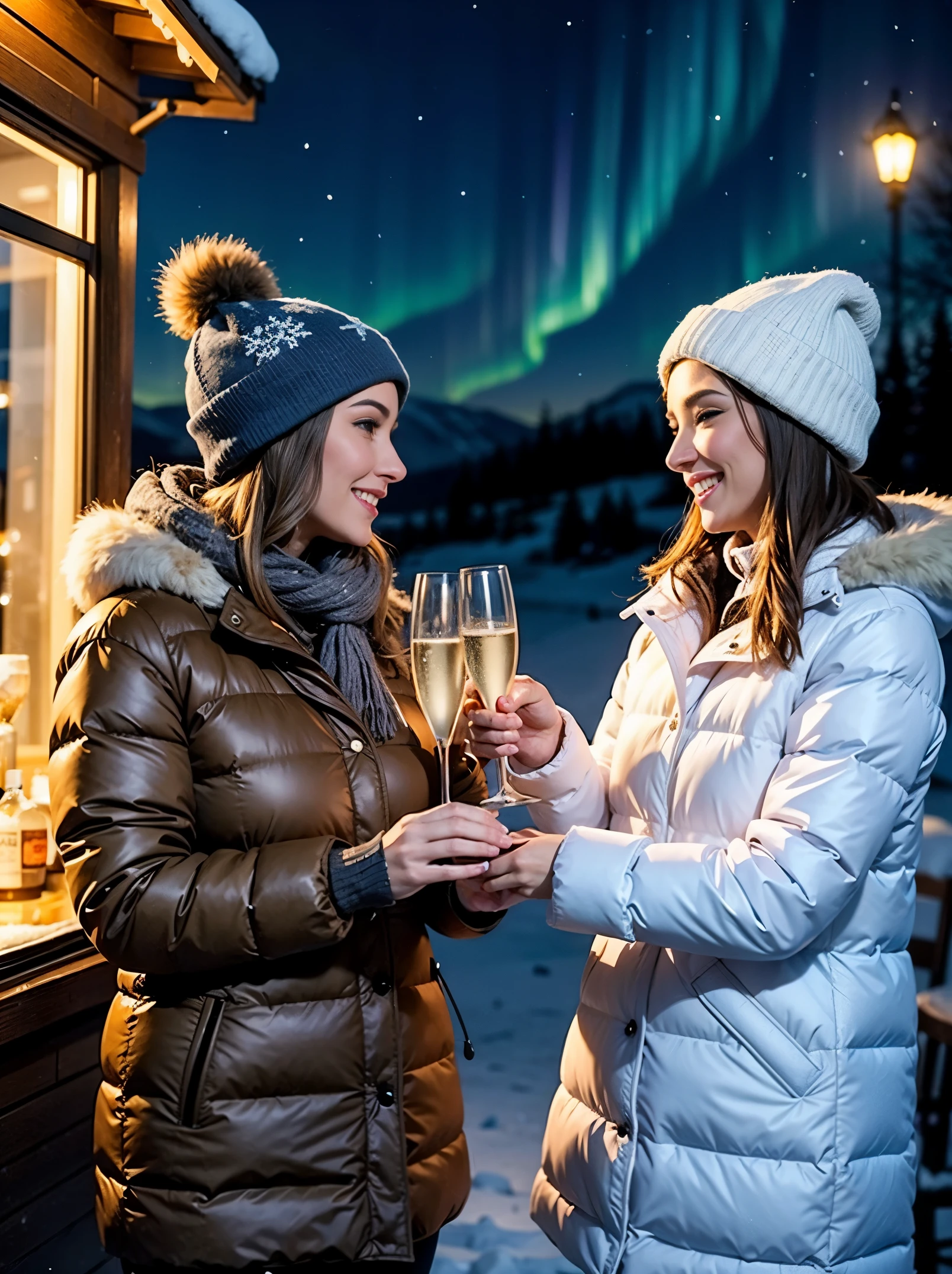2 beautiful woman toasting with 2 glasses of champagne, outside, in winter night, northern lights, snowy village 