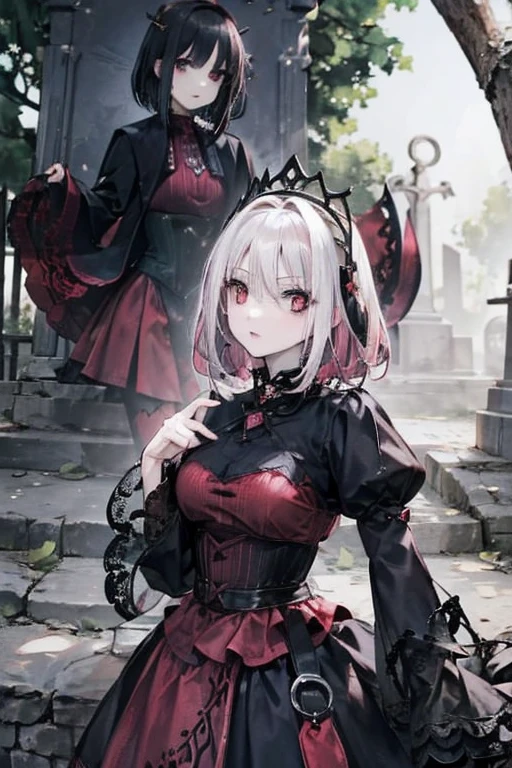 A brown haired vampire with red eyes wearing a gothic dress is posing with a silver haired young woman with green eyes and and a pink haired woman with violet eyes with an hourglass figure with short hair in the cemetery