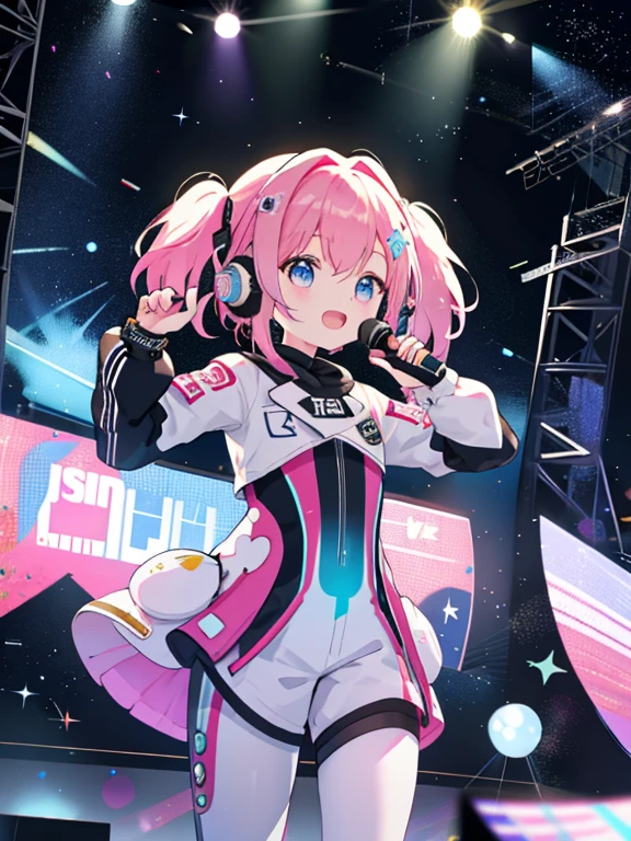 multiple girls、cute、idol group、stage、Idol Live、singing、masterpiece、highest quality、best image quality、Futuristic bodysuit spacesuit costume、headphone、headset