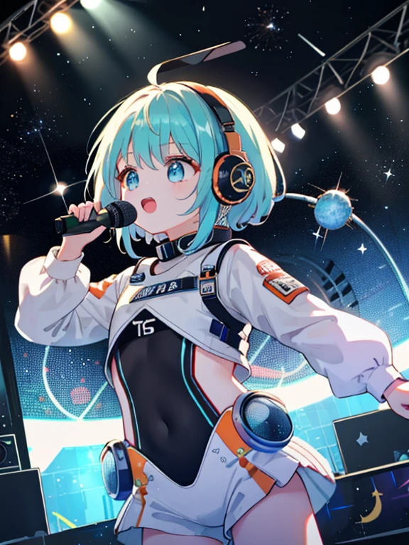 multiple girls、cute、idol group、stage、Idol Live、singing、masterpiece、highest quality、best image quality、Futuristic bodysuit spacesuit costume、headphone、headset