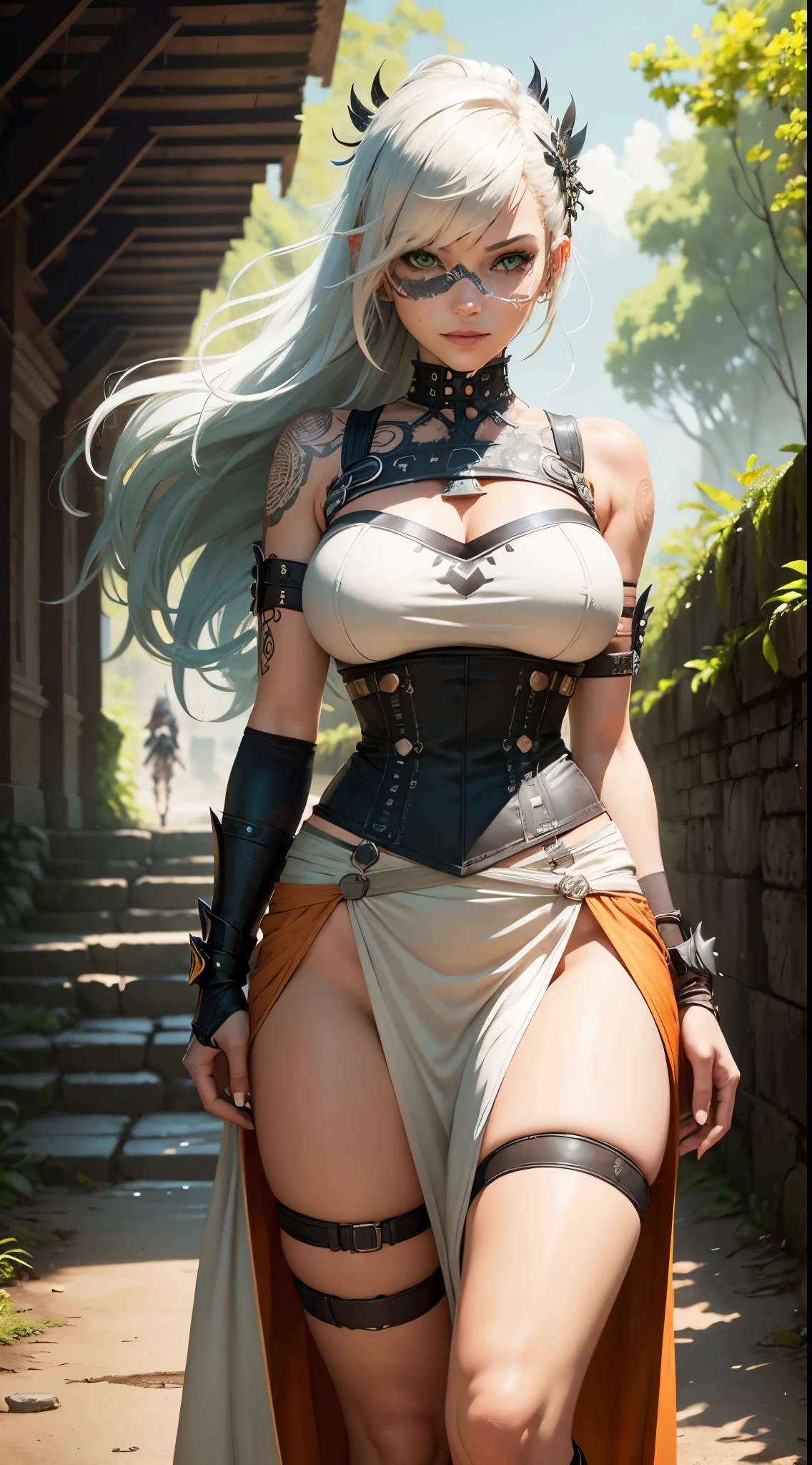 gwen tennyson,1girl,tracer,yorha 2b,y'shtola rhul,overwatch,nier automata,close up,jungle ruins,tattoos,orange and white armor,white short sleeve tribal top,mayan jewelry,long tribal skirt,harness corset,long curly hair,punk makeup,green eyes,multicolored silver hair,long dress train,sexy smile,freckles,beautiful girl,thigh high punk boots,large breasts,8k,ultra detailed,realistic,fantasy art,tribal warrior armor,tribal gown dress,hair pin,tribal ear piercings,tribal hand and neck jewelry,(weather:windy),long orange punk cloak,(pose:ready to fight),leaves flying,mayan temple,