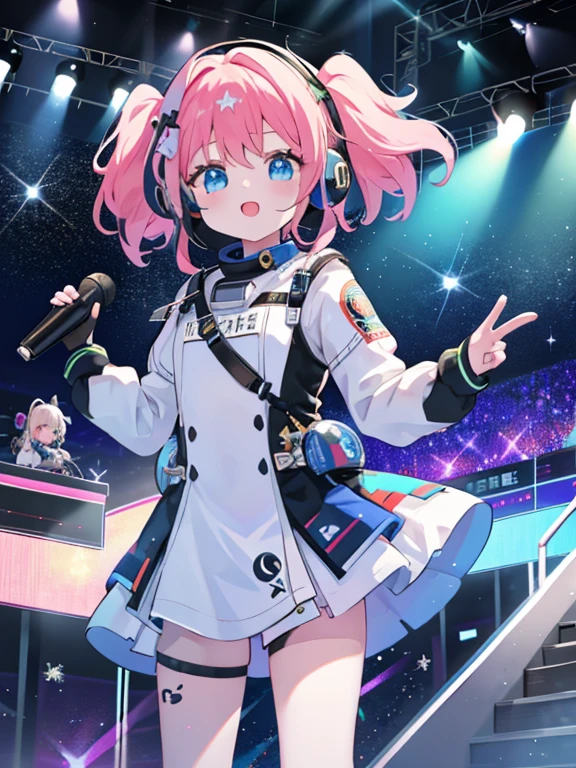2+ girls,multiple girls、cute、idol group、stage、Idol Live、singing、masterpiece、highest quality、best image quality、Futuristic bodysuit spacesuit costume、headphone、headset