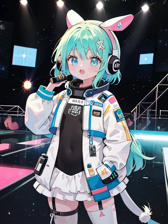 2+ girls,multiple girls、cute、idol group、stage、Idol Live、singing、masterpiece、highest quality、best image quality、Futuristic bodysuit spacesuit costume、headphone、headset