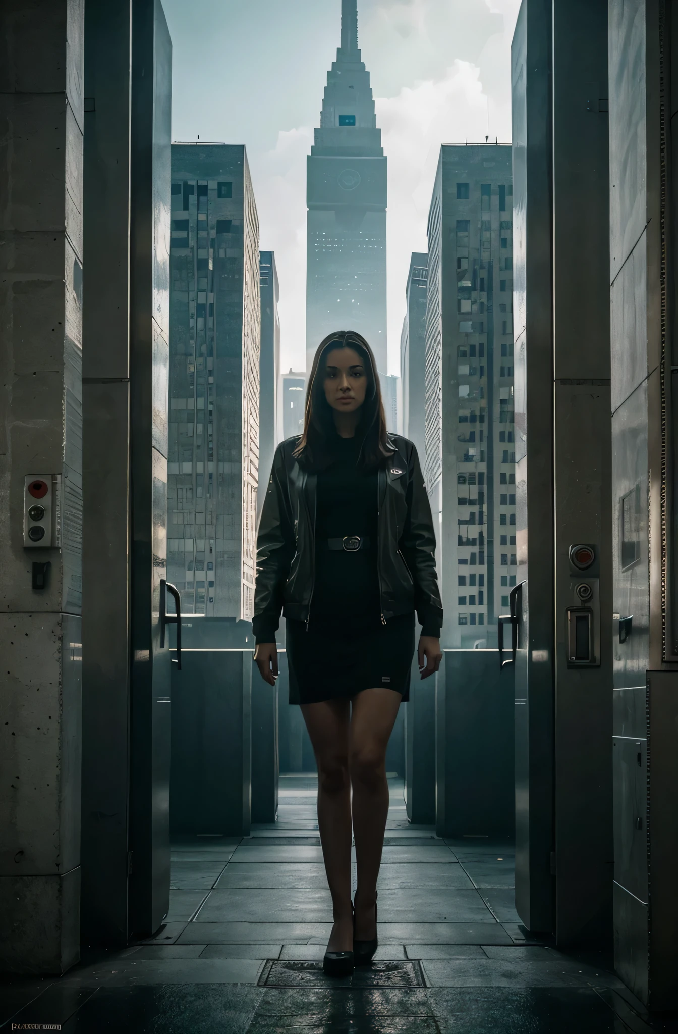 (Airstrip One) The dystopian world of 1984, Ministry of truth, Big Brother, Doublethink, Newspeak, INGSOC, Julia, Cityscape, Masterpiece, Best Quality, Photorealistic, 8K, High resolution, Detailed skin,8K UHD, Digital SLR, Soft lighting, High quality, Film grain, XT3, Full length.