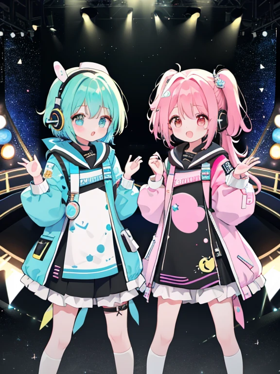 2+ girls,multiple girls、cute、idol group、stage、Idol Live、singing、masterpiece、highest quality、best image quality、Futuristic bodysuit spacesuit costume、headphone、headset