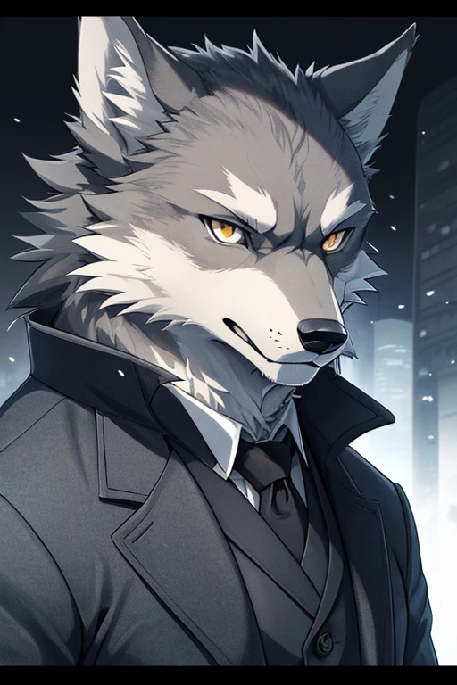 (best quality,ultra-detailed,realistic:1.37),grey wolf in a suit and overcoat,serious expression,gazing at the viewer,anime style,detailed grey wolf,fully grey fur,monochromatic color,grey,serious demeanor