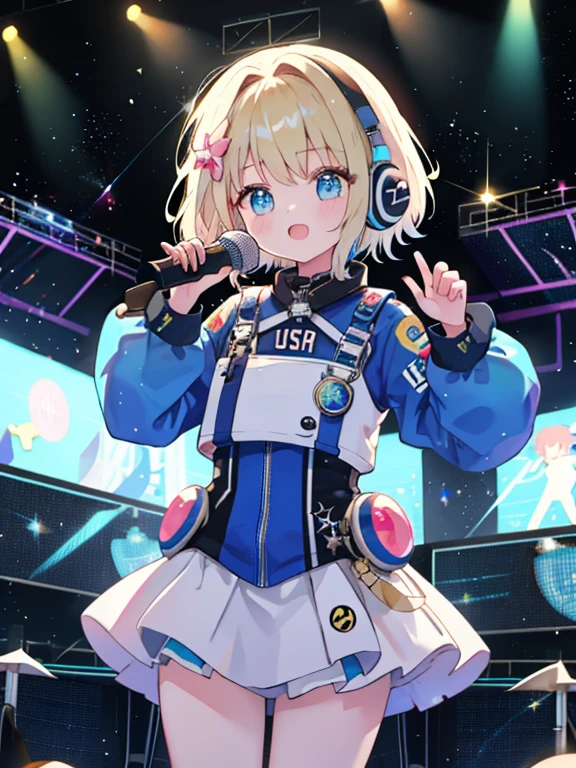 one girl、cute、idol group、stage、Idol Live、singing、masterpiece、highest quality、best image quality、Futuristic bodysuit spacesuit costume、headphone、headset