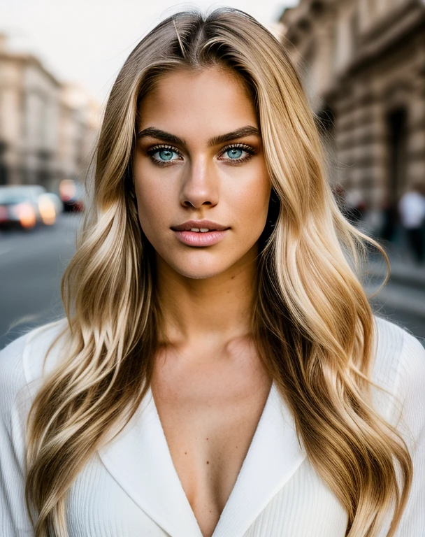 photoshoot of a model(full body), (wide shot), natural light, professional, (4k photo:1.1) (Sharp focus:1.3), high detail, beautiful detailed face, hazel eyes, long blonde hair, (attractive young woman:1.3), (seductive:1.1), (blushing:1.1), hourglass body shape, one girl, In denim, (staying on a street in Bucharest).