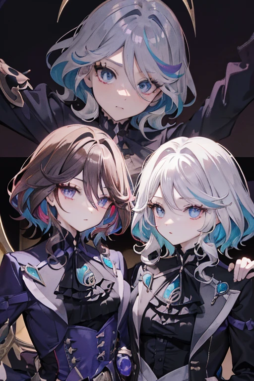 A brown haired vampire with red eyes wearing a gothic dress is posing with a silver haired young woman with green eyes and and a pink haired woman with violet eyes with an hourglass figure with short hair in the cemetery