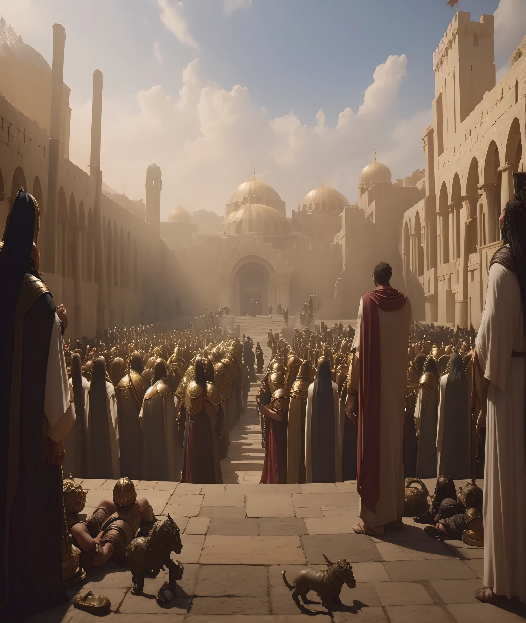 there are a lot of people standing in a courtyard with a lot of food, biblical epic film, a queda de Constantinopla, epic cinematic matte painting, epic cinematic concept art, reis cruzados 3, prince of egypt, na captura de tela do filme 300, a wide open courtyard in an epic, cinematic matte illustration, epic cinematic still, Epic cinematic dinner