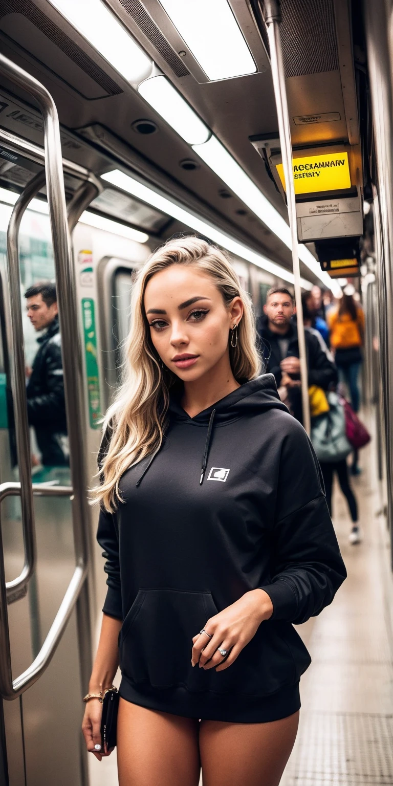 highres, masterpiece, perfect ligthing, bloom, night, cinematic lighting, adult, perfect skin, female, (looking at camera:1.4), realistic skin, eyeliner, realistic, (photorealistic), supermodel, Hailey Grice, oversized hoodie, large ass, blond long hair, shoes, white panties, ((crowded subway)), european, sitting, open legs, spread legs.