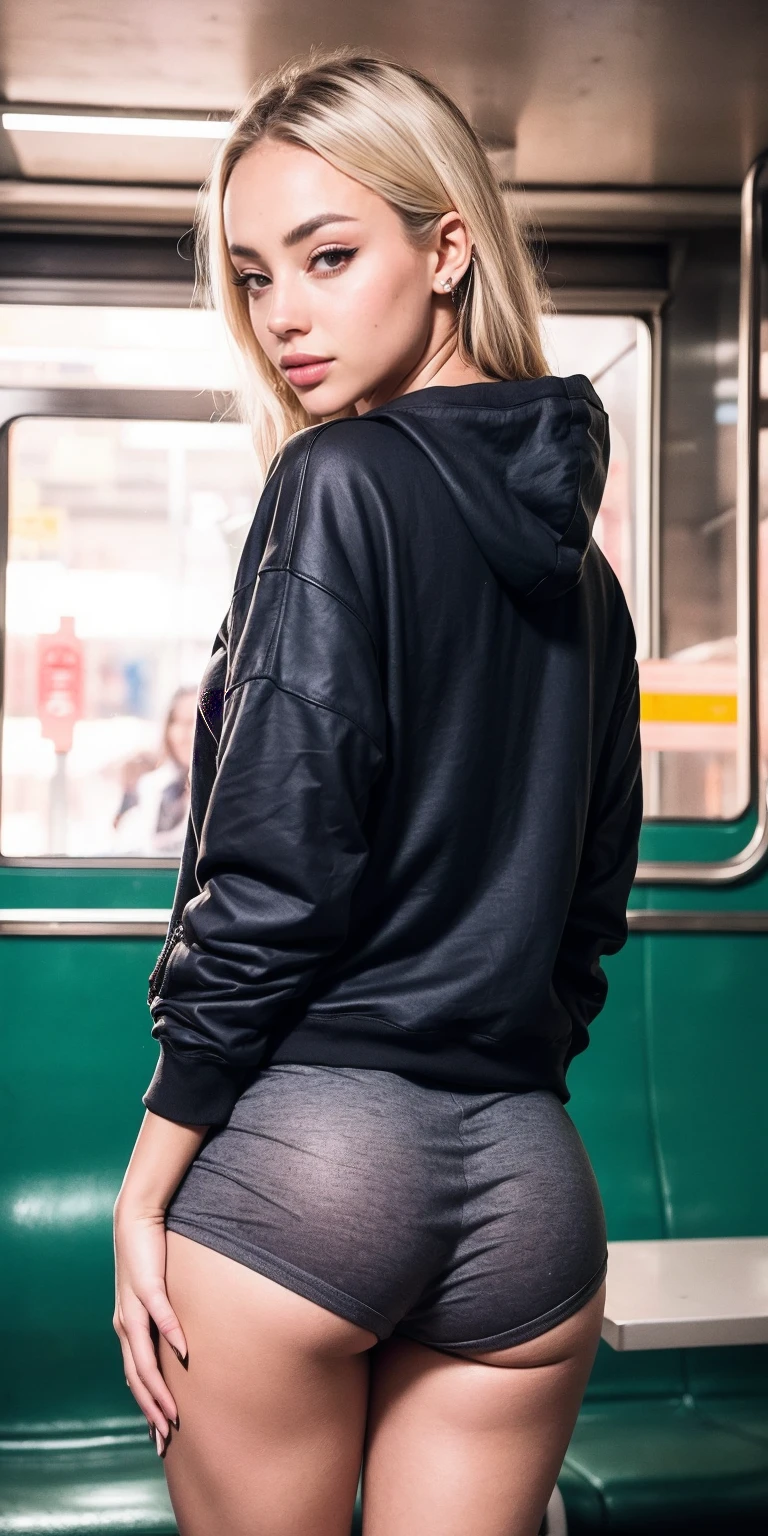 Charly Jordan, High Resolution, Meisterwerk, perfekte Beleuchtung, bloom, Nacht, filmische Beleuchtung, Erwachsene, perfekte Haut, weiblich, (Blick in die Kamera:1.4), realistisch skin, Eyeliner, realistisch, (photorealistisch), Supermodel, Frau, oversized hoodie, Big ass, blondes Haar, lange Haare, Schuhe, Spitzenhöschen, ((Crowded subway)), Stehen.