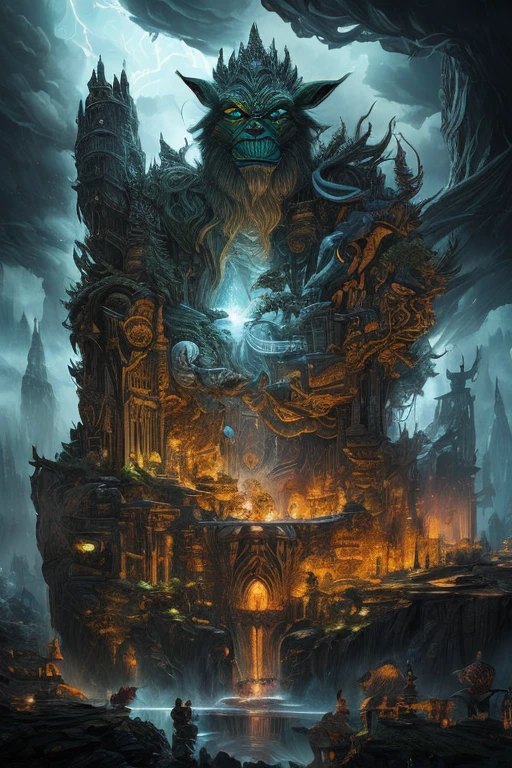 Create an intricate super detailed illustration, of a fantastical king Kong mixed with Yoda creature mixed with a human, and Animal all made of storm clouds, with multicolored rain lighting, use bright and vibrant colors. Create a see through modular scaled surreal interpretation a cosmic creature. Use a black background only for a vector sticker style. Use magical highly detailed fine ink lines to show an intrinsic connection between the character and viewer. Use highly detailed fine layered lines that highlight the photo realism of this fantastical illustration. The concept must be a perfect showcase of characters inner beauty with a cosmically radiating core that exudes true love and feeling from the character in this masterpiece and visionary experience