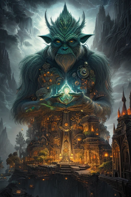 Create an intricate super detailed illustration, of a fantastical king Kong mixed with Yoda creature mixed with a human, and Animal all made of storm clouds, with multicolored rain lighting, use bright and vibrant colors. Create a see through modular scaled surreal interpretation a cosmic creature. Use a black background only for a vector sticker style. Use magical highly detailed fine ink lines to show an intrinsic connection between the character and viewer. Use highly detailed fine layered lines that highlight the photo realism of this fantastical illustration. The concept must be a perfect showcase of characters inner beauty with a cosmically radiating core that exudes true love and feeling from the character in this masterpiece and visionary experience