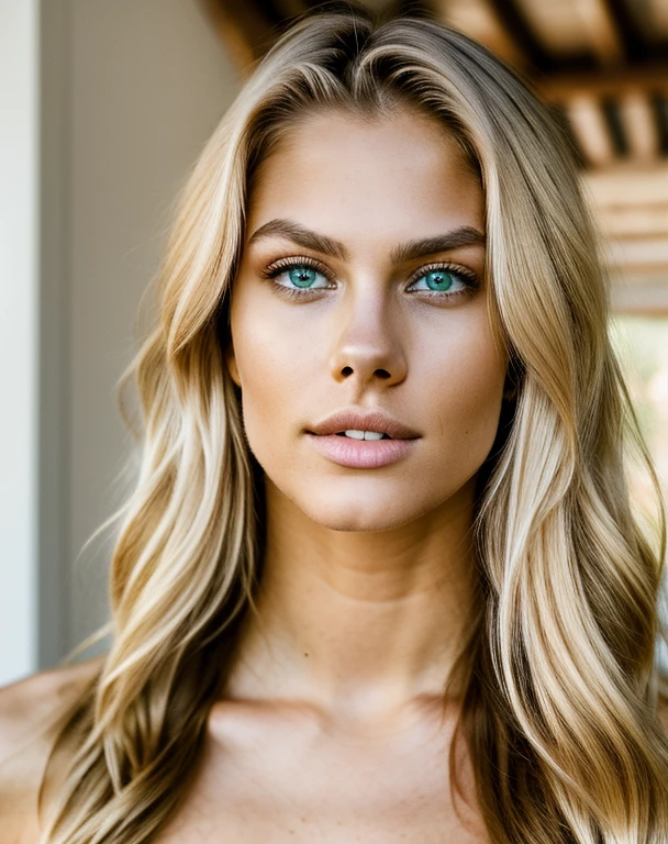 photoshoot of a model, natural light, professional, (4k photo:1.1) (Sharp focus:1.3), high detail, beautiful detailed face, green eyes, long blonde hair, (attractive young woman:1.3), (seductive:1.1), (blushing:1.1), hourglass body shape, one girl, home in comfortable clothes