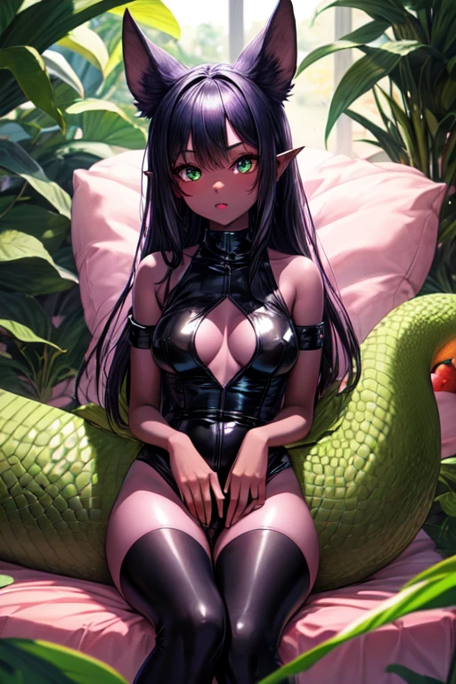 perfect face, alien girl, cute, dark purple skin tone, black outfit, medium-sized reptile tail, medium breast, sitting with legs wide opened, young adult, human ears only, big curious green eyes, pink vagina