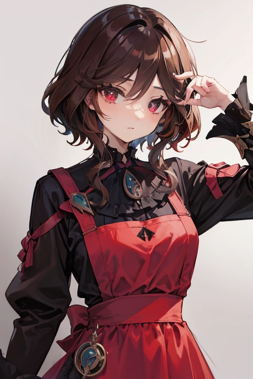 A brown haired vampire with red eyes wearing a gothic dress is holding a leather apron