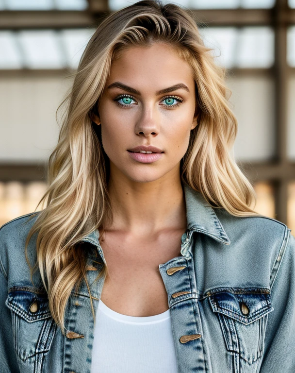 photoshoot of a model(full body), front shot, natural light, professional, (4k photo:1.1) (Sharp focus:1.3), high detail, beautiful detailed face, green eyes, long blonde hair, (attractive young woman:1.3), (seductive:1.1), (blushing:1.1), hourglass body shape, one girl, in a denim jacket,