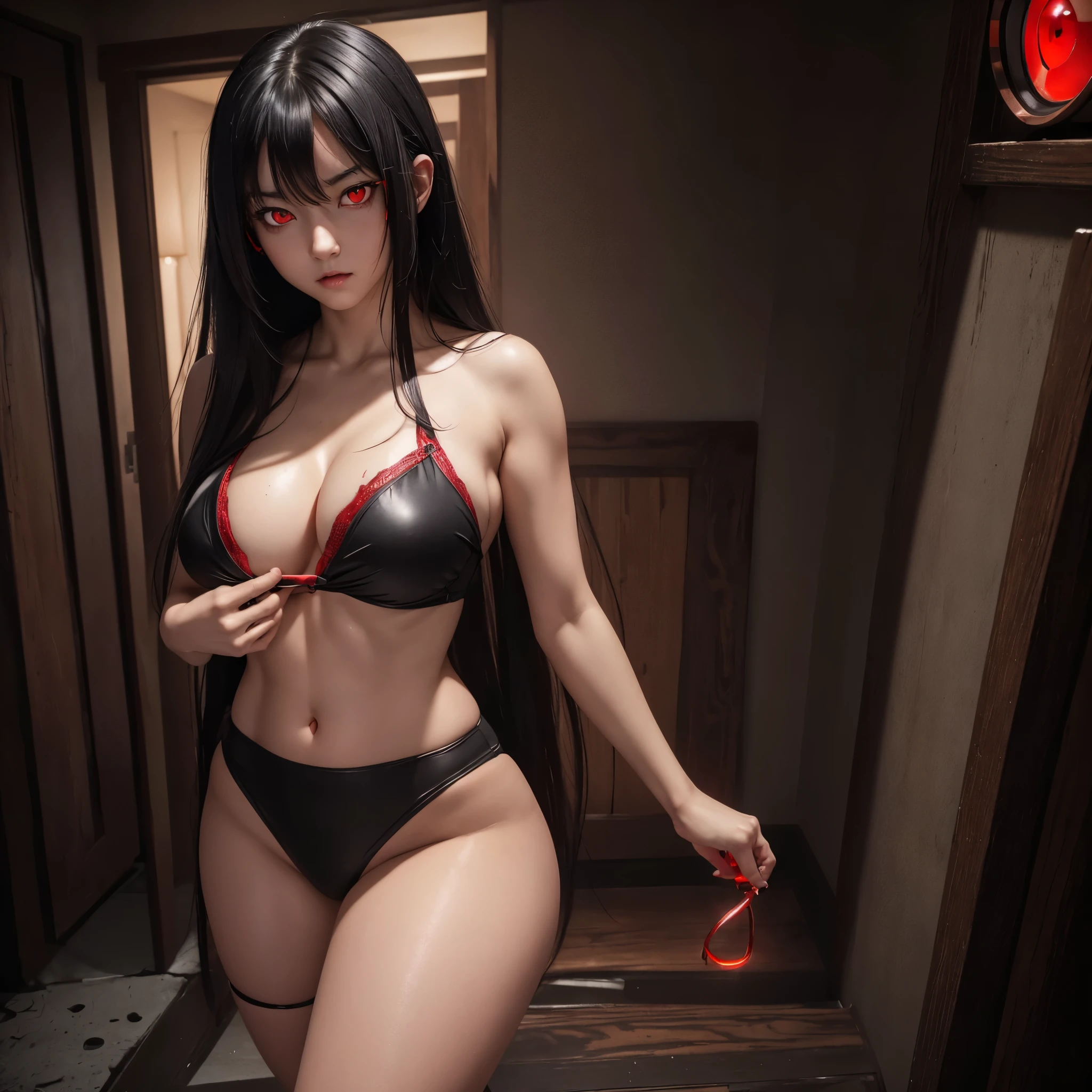 highres, breasts, 1girl, ((((red_eyes)))), glowing eyes, no_clothes, (thick_thighs), ((six_pack)), completely_naked, black_hair, long_hair, large_breasts, (crazed_expression), yandere, dim_room, looking_at_viewer, hentai, masterpiece, best quality
