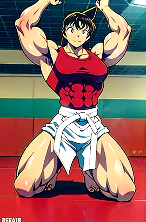 Makoto beim Karate, Makoto wears a karate GI barefoot, muscular physique, makoto macht Bodybuilding,Huge muscular biceps, breite, muscular shoulders, Bauchmuskeln, Abs, Her big muscles shred her karate GI, Full body image, Meisterwerk, Highest details, high resolution