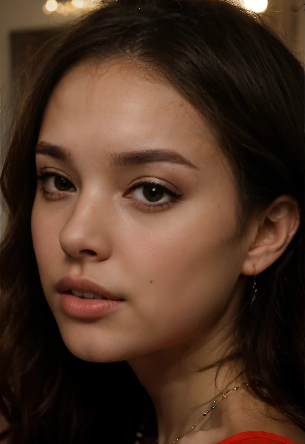 a close up of a woman with long hair and a necklace, gorgeous latina face, portrait sophie mudd, flawless olive skin, madison beer girl portrait, madison beer, brown hair and large eyes, sexy face with full makeup, soft makeup, soft devil queen madison beer, jaw-dropping beauty, perfect face ), flawless face, extremely beautiful face, sultry look, wearing eyeshadow 