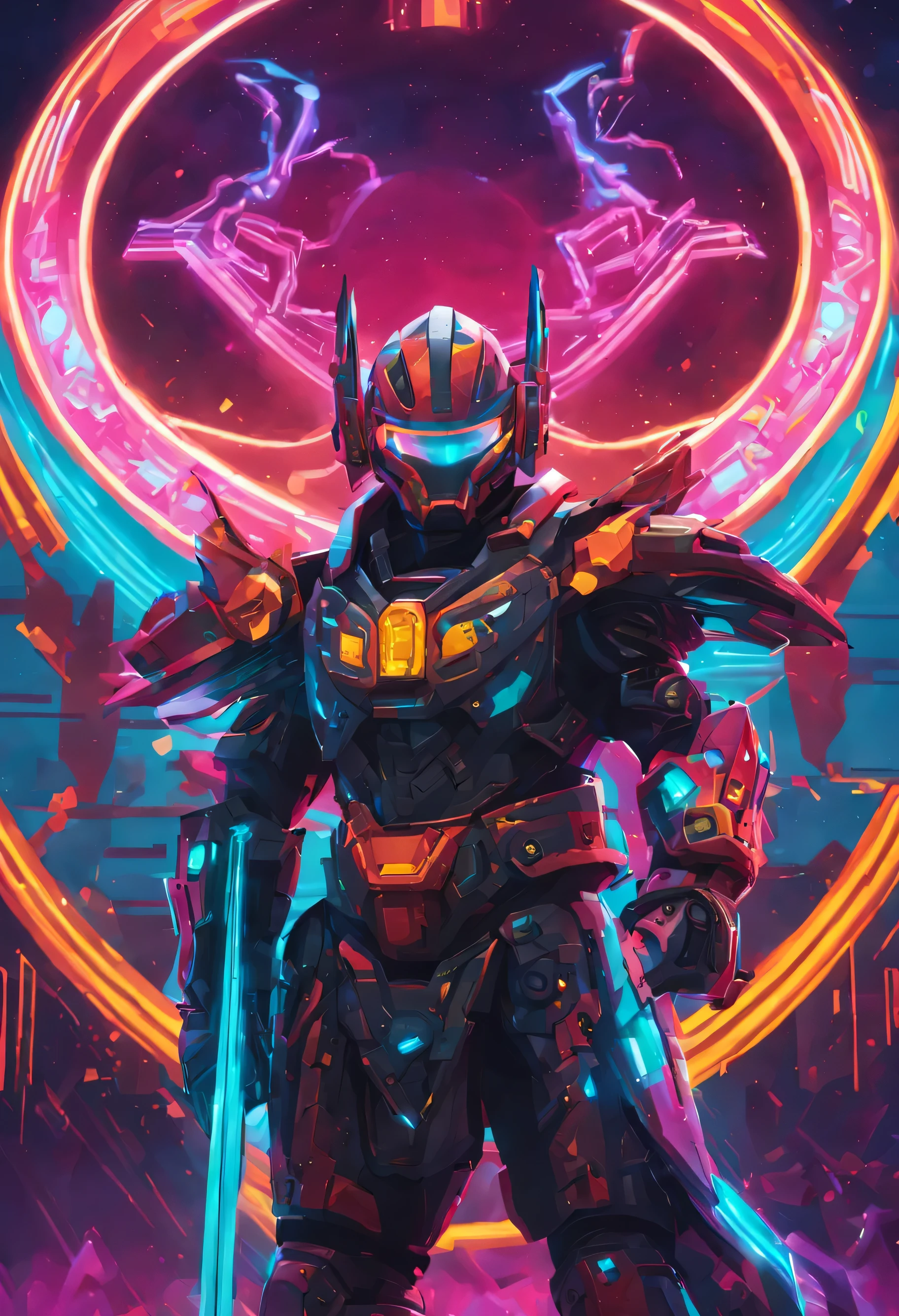 Dakrsouls Knight kombiniert mit futuristischem Cyberpunk, helle Neonfarben und Blitze im Hintergrund, a halo over his head