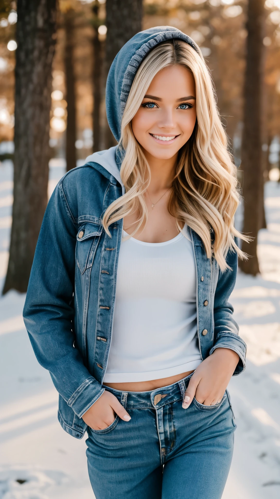 realistic body shot photo of a smiling blonde college girl walking in front of the camera wearing a college hoodie and tight pants. glamour photoshoot, winter college campus. Snow. perfect butt, beautiful face, perfect anatomy, fit girl, looking into the camera, walking towards the camera:1.2, strong hip:1.2, wide hip:1.3, 24 yo woman. (Eye makeup:1.1), (highly detailed skin:1.1), RAW, analog style, sharp focus, 8k UHD, DSLR, high quality, Fujifilm XT3, grain, award winning, masterpiece.