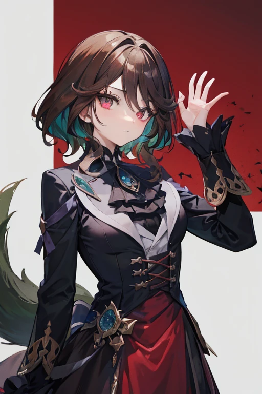 A brown haired vampire with red eyes wearing a gothic dress is petting a giant green wolf
