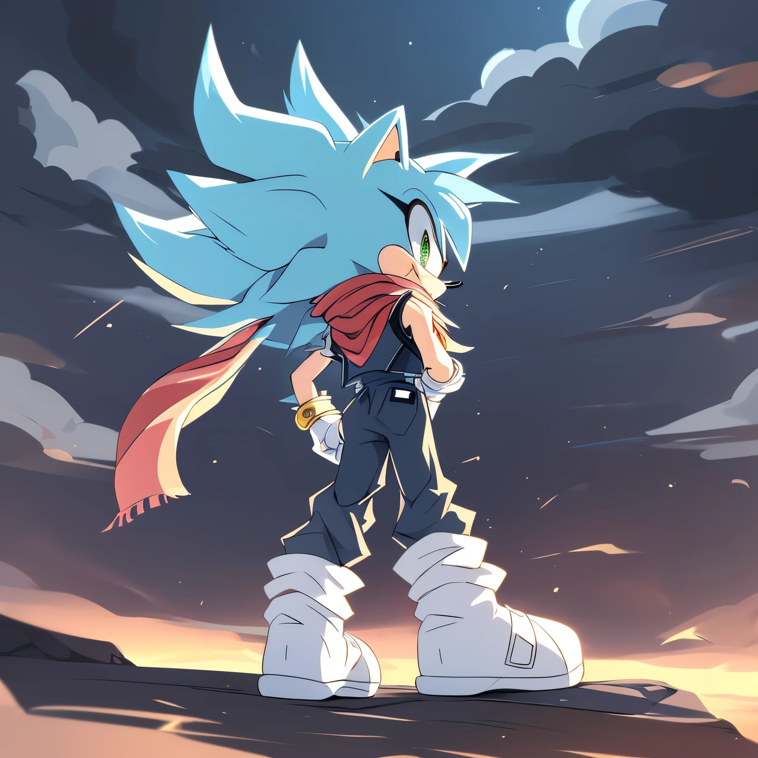 Female, Mobian, one hand on hip, (((2D Anime Style))), (solo), (1girl), high quality digital art, blue and black neon lines sketch art, sky cloudy background, a light blue furred female anthropomorphic hedgehog from Sonic the hedgehog who has green eyes, ((light blue fur)), smiling, long lower back length hair, (hair on shoulders), hair bangs, ((teal vest with white trims)), (sleeveless teal jumpsuit underneath), white gloves, ((teal shoes)), ((white baggy socks)), ((((white anime styled scarf flowing in the wind)))), wispy lines, smoky, Spiked up hair/quills, (Super Saiyan styled hair)