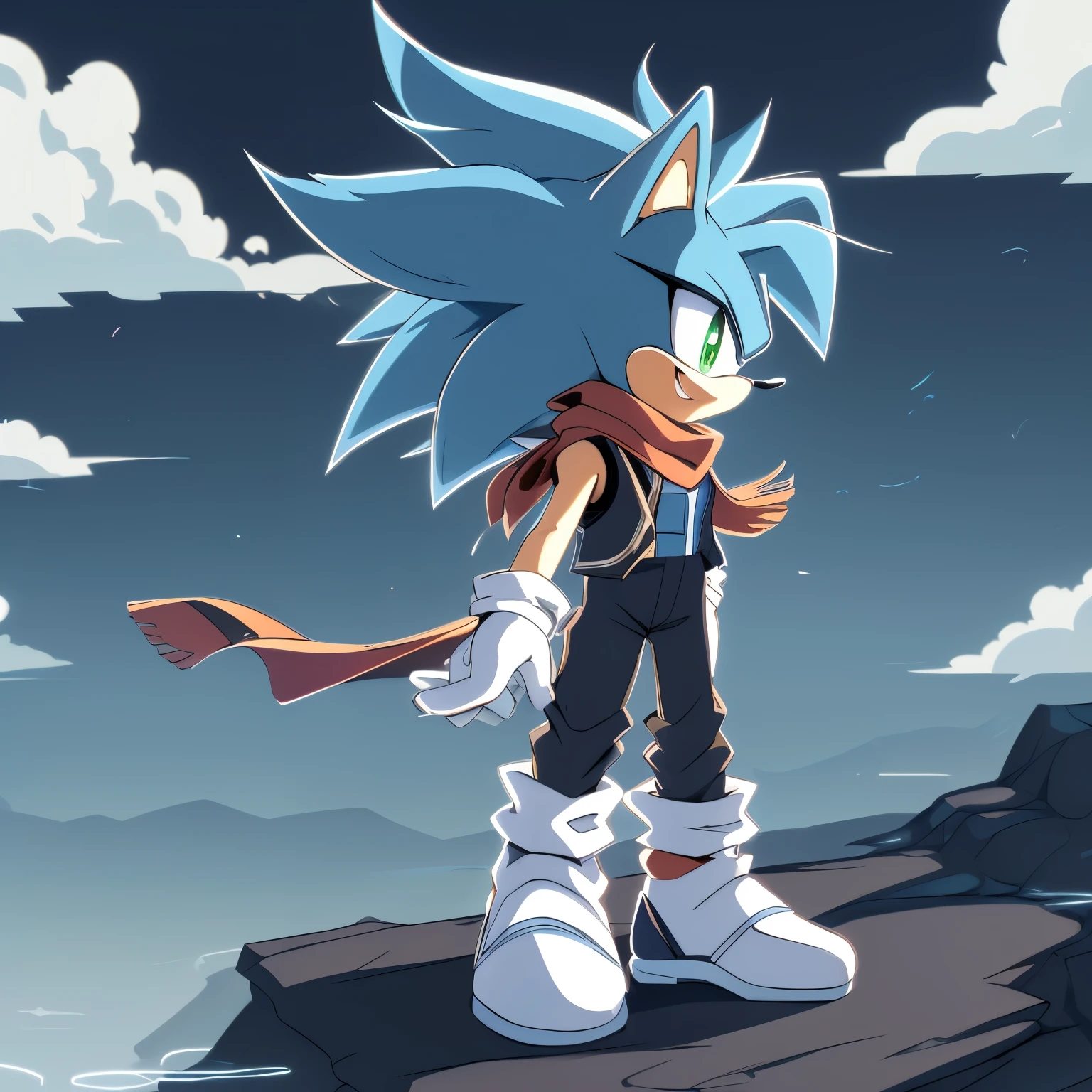 Female, Mobian, one hand on hip, (((2D Anime Style))), (solo), (1girl), high quality digital art, blue and black neon lines sketch art, sky cloudy background, a light blue furred female anthropomorphic hedgehog from Sonic the hedgehog who has green eyes, ((light blue fur)), smiling, long lower back length hair, (hair on shoulders), hair bangs, ((teal vest with white trims)), (sleeveless teal jumpsuit underneath), white gloves, ((teal shoes)), ((white baggy socks)), ((((white anime styled scarf flowing in the wind)))), wispy lines, smoky, Spiked up hair/quills, (Super Saiyan styled hair)