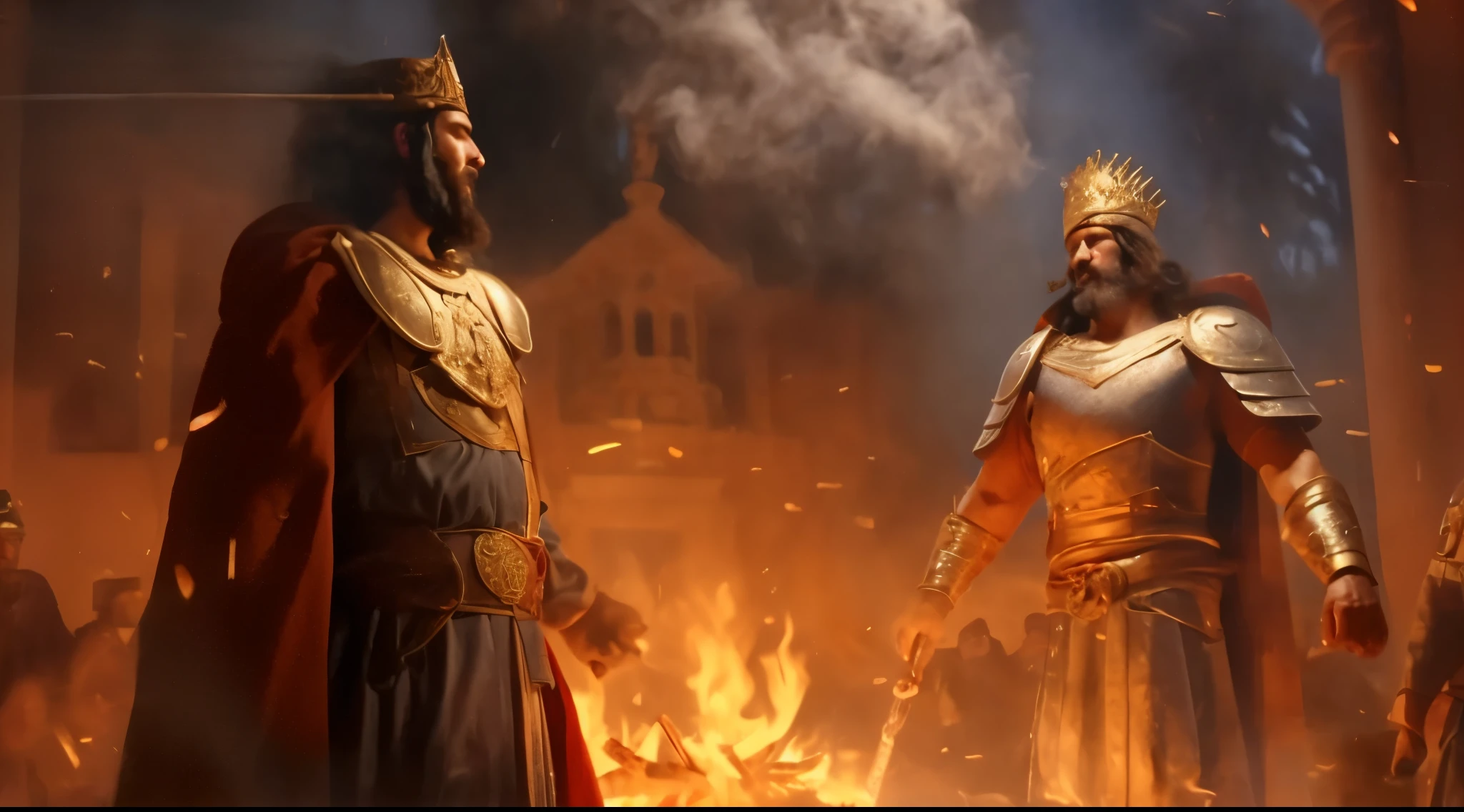 there are two men in front of a fire with a sword, Petros e Leonid, reis cruzados 3, por Roman Bezpalkiv, por Zlatyu Boyadzhiev, por Hristofor Zhefarovich, Direction: Ludwik Konarzewski, Uma cidade antiga em chamas, por Bela Kondor