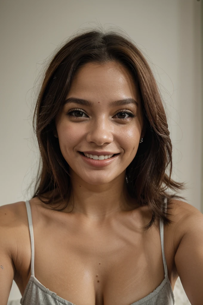 chica de piel negra con mucho semen en su rostro. mira a la camara sonriendo y con sus pierbas abiertas. tiene senos grandes y caidos