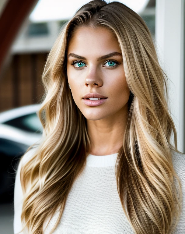 photoshoot of a model(full body), sexy, wide shot, natural light, professional, (4k photo:1.1) (Sharp focus:1.3), high detail, beautiful detailed face, green eyes, long blonde hair, (attractive young woman:1.3), (seductive:1.1), (blushing:1.1), hourglass body shape, one girl, between a luxury car