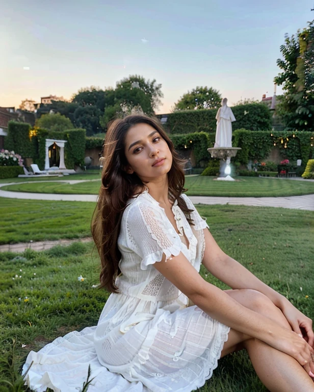 (masterpiece), best quality, ultra high res, a photograph of a beautiful pakistani woman, 1girl, long full brown hair, photon mapping, radiosity, physically-based rendering, soft lighting, intricate, High Detail, photorealistic, double eyelids, 8K, sitting on the grass in a white dress, in the garden, casual pose